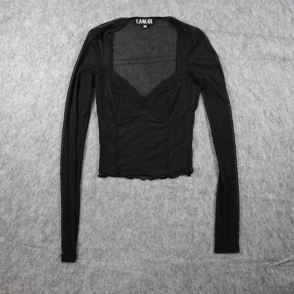 I AM GIA Top Women Extra Small Black Sheer Mesh Lace Trim Long Sleeve Sweetheart